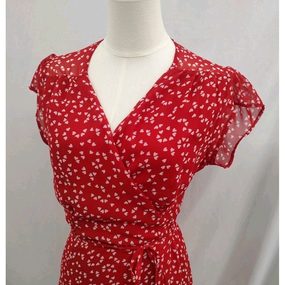 Urban Outfitters Wrap Dress Retro Style Romance Red Heart Print Chiffon V Neck M - Picture 2 of 8